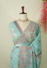 Pastel Aqua - Muslin Silk with Kantha Stich Weaving Pallu and Border with Buttas - Perfect for Office Wear