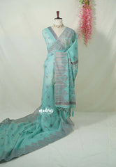 Pastel Aqua - Muslin Silk with Kantha Stich Weaving Pallu and Border with Buttas - Perfect for Office Wear