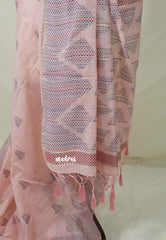 Pastel Blush Peach - Muslin Silk with Kantha Stich Weaving Pallu and Border with Buttas - Perfect for Office Wear