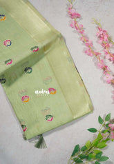 Pista Glow- Soft Muslin Silk with Peacock Buttas and Meenakari Weaving Pallu - Perfect for simple occasions