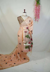 Pastel Peach Orange - Soft Muslin Silk Saree with Lotus Weave & Small Border | Elegant Office Wear Saree