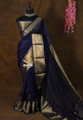 Midnight Blue - Soft Organza silk with zari border