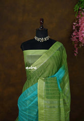 Turquoise Blue - Soft Organza silk with stripes weaving with satin border - Perfect for Office Wear | casual wear | Tea party