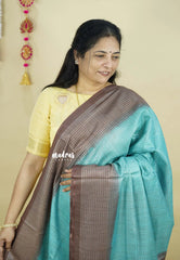 Earthy Aqua Blue - Soft Tissue khadi zari Border with buttas - Best for birthday function