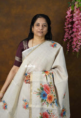 Beige with Golden Shade - ANJALI - Soft Tissue linen Saree with Digital Prints - Perfect for Festive Wear