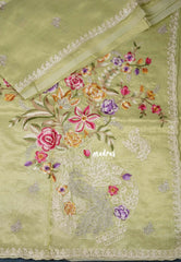 Pastel Lime Green - ANJALI - Soft Tissue linen Saree Petite Embroidery with Scallop - Perfect for Festive Wear