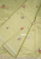 Pastel Lime Green - ANJALI - Soft Tissue linen Saree Petite Embroidery with Scallop - Perfect for Festive Wear