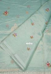 Creamy Seafoam Green - ANJALI - Soft Tissue linen Saree Petite Embroidery with Scallop - Perfect for Festive Wear