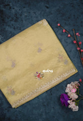 Pastel Yellow - ANJALI - Soft Tissue linen Saree Petite Embroidery with Scallop - Perfect for Festive Wear