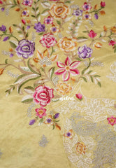 Pastel Yellow - ANJALI - Soft Tissue linen Saree Petite Embroidery with Scallop - Perfect for Festive Wear