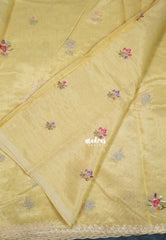 Pastel Yellow - ANJALI - Soft Tissue linen Saree Petite Embroidery with Scallop - Perfect for Festive Wear