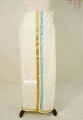 Ivory white with Blue - Hand-Painted South Cotton Haldi Special Saree & Raw Silk Dhoti Combo for Couples