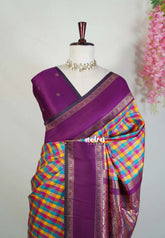 Multicolor with Purple Rettapet - Sowbhagya Gift silk – Soft Silk Elegance Saree with Madras Checks with Rettapet Border- Perfect for Pooja Functions | Diwali Festive
