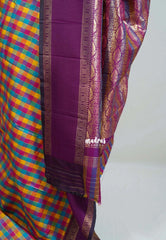 Multicolor with Purple Rettapet - Sowbhagya Gift silk – Soft Silk Elegance Saree with Madras Checks with Rettapet Border- Perfect for Pooja Functions | Diwali Festive