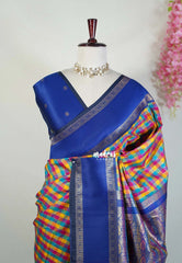 Multicolor with Blue Rettapet - Sowbhagya Gift silk – Soft Silk Elegance Saree with Madras Checks with Rettapet Border- Perfect for Pooja Functions | Diwali Festive