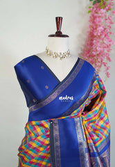 Multicolor with Blue Rettapet - Sowbhagya Gift silk – Soft Silk Elegance Saree with Madras Checks with Rettapet Border- Perfect for Pooja Functions | Diwali Festive