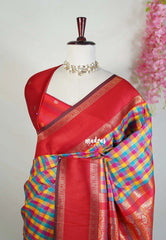 Multicolor with Red Rettapet - Sowbhagya Gift silk – Soft Silk Elegance Saree with Madras Checks with Rettapet Border- Perfect for Pooja Functions | Diwali Festive