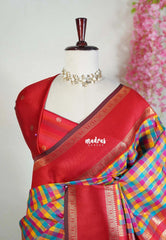 Multicolor with Red Rettapet - Sowbhagya Gift silk – Soft Silk Elegance Saree with Madras Checks with Rettapet Border- Perfect for Pooja Functions | Diwali Festive