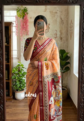 Melon Peach Orange - Sowbhagya Gift silk – Mangalgiri Silk with Kalamkari Telugu Script with Small Border