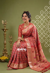 Tomato Red - Sowbhagya Gift silk – Soft Silk Elegance Saree Premium Patola Dessign in Body Paithani Weaving Border, Pallu and Blouse - Perfect for Festive Celebration