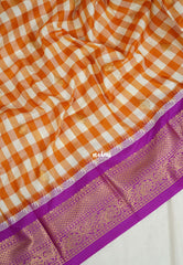 Mustard Orange & Ivory White - Sowbhagya Gift silk – Soft Silk Elegance Saree Murberry Checks with Korvai Border Contrast Pallu and Blouse - Perfect for Festive Celebration