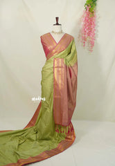 Pastel Green - Sowbhagya Gift silk – Soft Silk Elegance Saree with Zari Stripes and Buttas with Peacock Border - Perfect for Festive Celebration