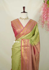 Pastel Green - Sowbhagya Gift silk – Soft Silk Elegance Saree with Zari Stripes and Buttas with Peacock Border - Perfect for Festive Celebration