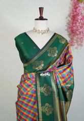 Multicolor with Green Border - Sowbhagya Gift silk – Soft Silk Elegance Saree with Madras Checks with Thread Floral Border- Perfect for Pooja Functions | Diwali Festive
