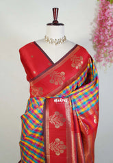 Multicolor with Red Border - Sowbhagya Gift silk – Soft Silk Elegance Saree with Madras Checks with Thread Floral Border- Perfect for Pooja Functions | Diwali Festive
