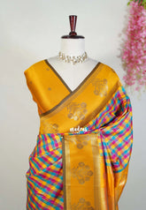 Multicolor with Yellow Border - Sowbhagya Gift silk – Soft Silk Elegance Saree with Madras Checks with Thread Floral Border- Perfect for Pooja Functions | Diwali Festive