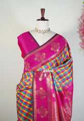 Multicolor with Pink Border - Sowbhagya Gift silk – Soft Silk Elegance Saree with Madras Checks with Thread Floral Border- Perfect for Pooja Functions | Diwali Festive