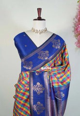 Multicolor with Blue Border - Sowbhagya Gift silk – Soft Silk Elegance Saree with Madras Checks with Thread Floral Border- Perfect for Pooja Functions | Diwali Festive