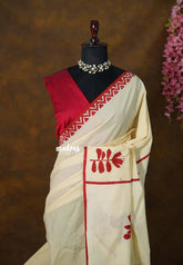 Creamy Ivory - Sowmiya - Bamboo Cotton with Handblock Checks with Leaf Print Double Blouse Combo - Perfect for Office Wear | Summer Wear | Casual Occasions