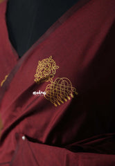 Temple Maroon - Sowmiya - Bamboo Cotton with with Gold Jimikki Kolam Handblock Prints with Double Blouse Combo - Perfect for Festive Wear