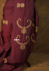 Temple Maroon - Sowmiya - Bamboo Cotton with with Gold Jimikki Kolam Handblock Prints with Double Blouse Combo - Perfect for Festive Wear