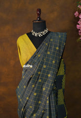 Charcoal Grey - Sowmiya - Bamboo Cotton with Handblock Checks with Flower Double Blouse Combo - Perfect for Office Wear