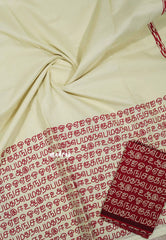 Halfwhite with Maroon blouse - Sowmiya - Organic Bamboo Cotton with semmozhi tamil handblock print