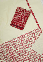 Halfwhite with Maroon blouse - Sowmiya - Organic Bamboo Cotton with semmozhi tamil handblock print