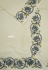 Halfwhite with Ikkat grey blouse - Sowmiya - Organic Bamboo Cotton with handblock print
