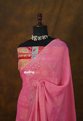 (PRE-BOOKING) Rosy Cloud Pink - Space Silk Saree with Designer Work Blouse - Best for Haldi or Mehendi