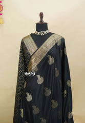 Black Pearl - Sri valli pure satin silk with peacock buttas and gold zari border