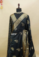 Black Pearl - Sri valli pure satin silk with peacock buttas and gold zari border