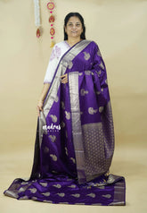 Jamun Purple - Sri valli pure satin silk with peacock buttas and gold zari border
