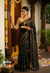 Jet Black - Subbulakshmi - Sungudi 100 Count Saree with Modern Kattam Rettapet Rudraksham Border with Ajrakh Printed Blouse Combo - Best for Casual Wear | Summer Wear | Temple visit