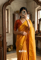 Temple Turmeric Yellow - Subbulakshmi - Sungudi 100 Count Saree Tribal Print with Rettapetta Rudraksham Border with Blouse Combo - Best for Casual Wear | Summer Wear | Temple visit