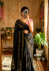Royal Black - Subbulakshmi - Sungudi 100 Count Saree Muthukattam with Rettapetta Rudraksham Border with Blouse Combo - Best for Casual Wear | Summer Wear | Temple visit