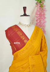 Temple Turmeric Yellow - Subbulakshmi - Sungudi 100 Coount Saree Velthari with Checks and Peacock Border with Blouse Combo - Best for Casual Wear | Summer Wear | School | College | Office wear