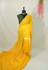 Paris Yellow - Subbulakshmi - Sungudi 100 Count Saree with Rettapetta Rudraksham Border Ayutha ezhuthu Buttas with Blouse Combo - Best for Casual Wear | Summer Wear | School | College | Office wear