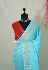 Bright Sky Blue - Subbulakshmi - Sungudi 100 Count Saree Plain with Rudraksham Border with Blouse Combo - Best for Casual Wear | Summer Wear | School | College | Office wear