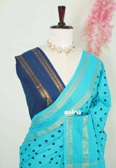 Aqua Cyan Blue - Subbulakshmi - Sungudi 100 Count Saree Rettapetta Rudraksham Border with Buttas and Blouse Combo - Best for Casual Wear | Summer Wear | School | College | Office wear